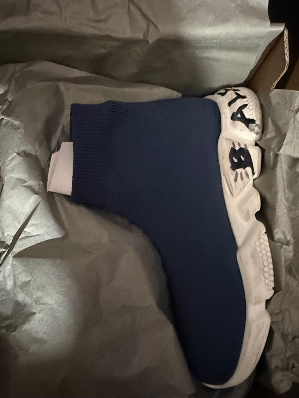 Balenciaga Navy Knit Sock Sneaker with White Sole and Black Logo Accents